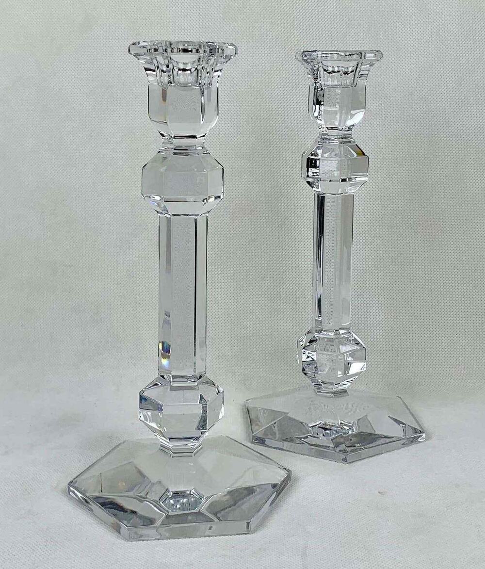 Val Saint-Lambert Gardenia Fine Crystal 9.5" Designer Candlesticks Set of 2